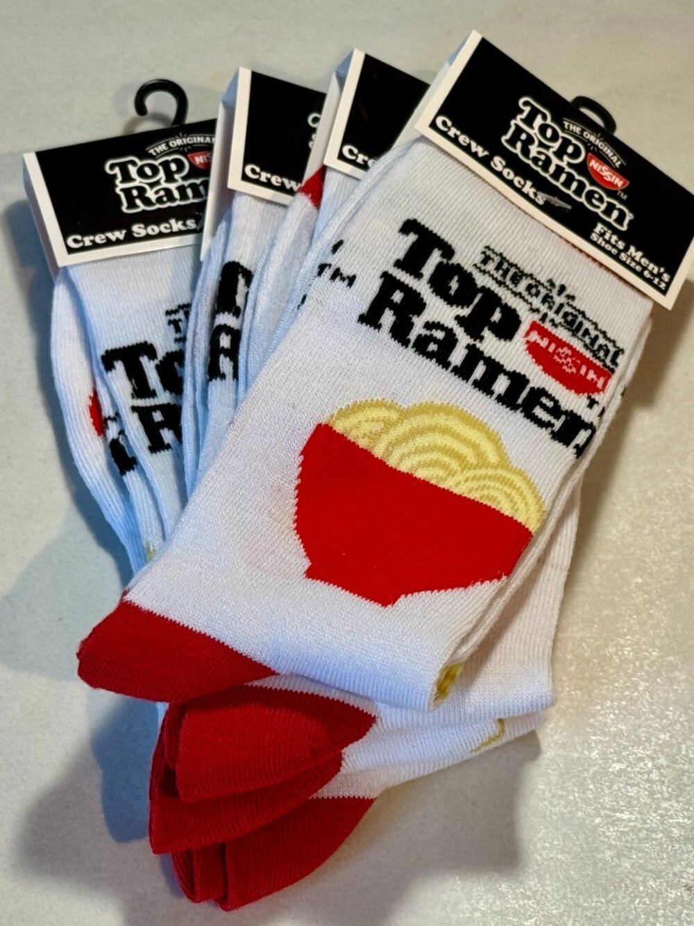 4 Pairs White Top Ramen Novelty Crew Socks Size 6-12/13 OSFM